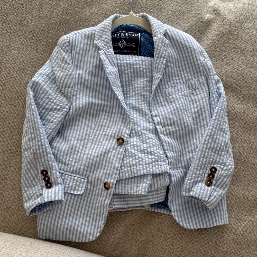 Andy & Evan Light Blue and White Striped Seersucker Blazer